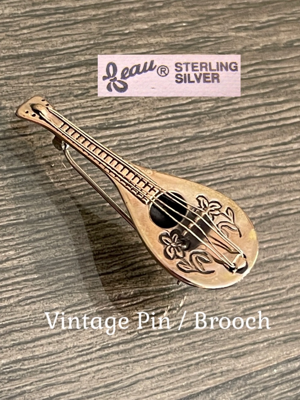 Vintage Beau Sterling Silver Mandolin Brooch